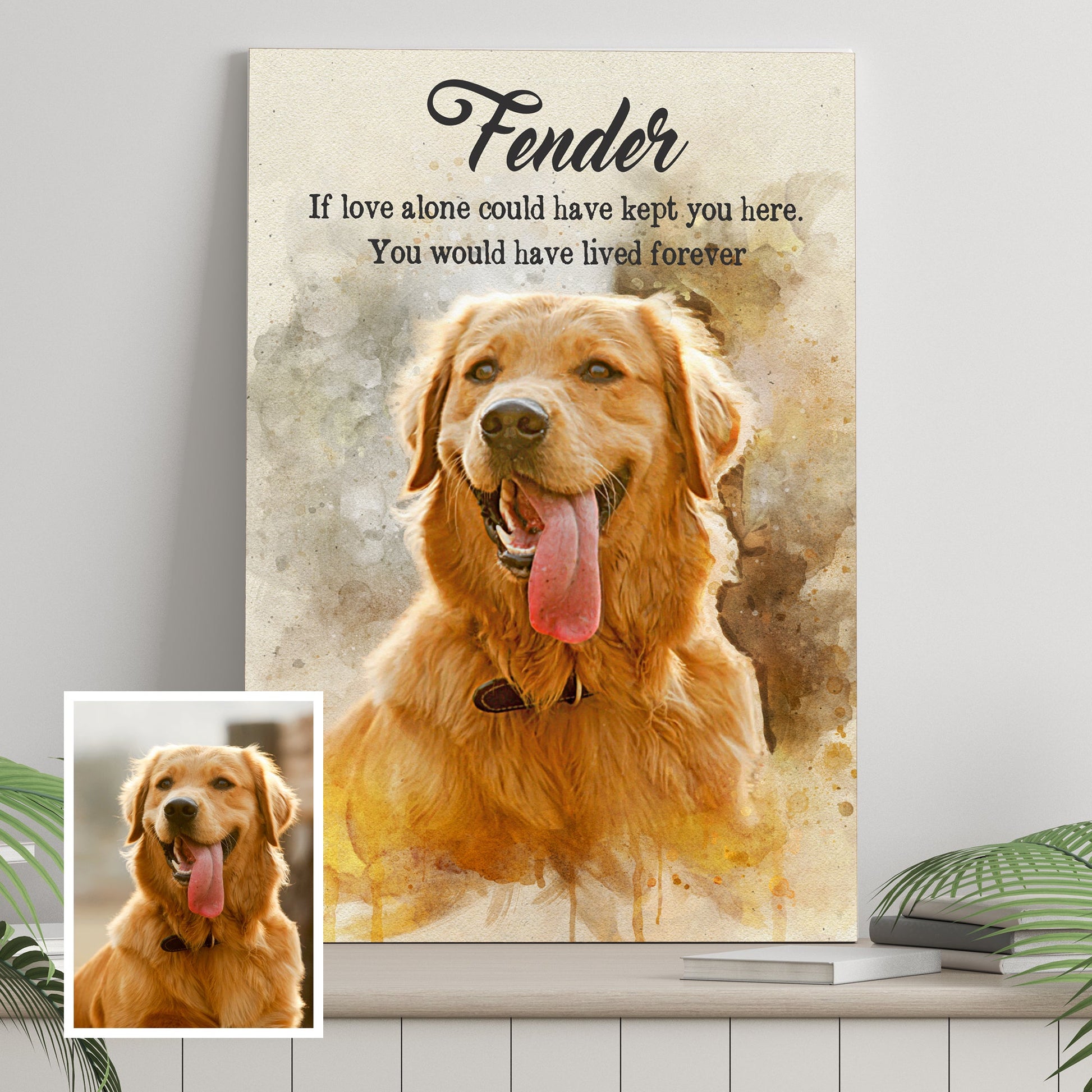 Pet memorial watercolor canvas wall art with soft brushstroke style — pet loss tribute wall decor