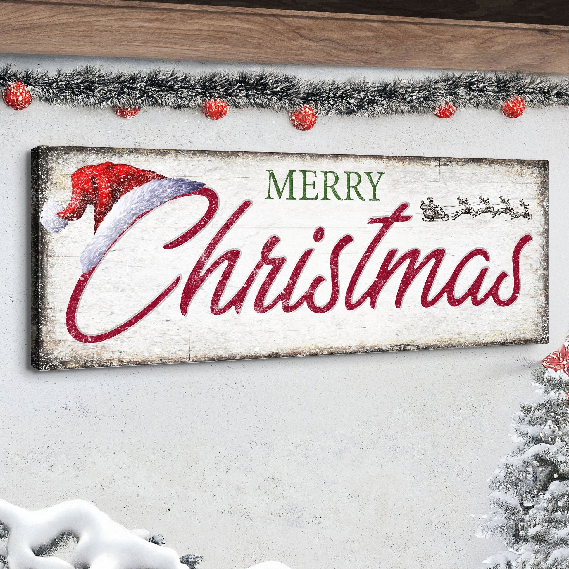 Vintage Merry Christmas canvas wall art sign IV with holiday typography