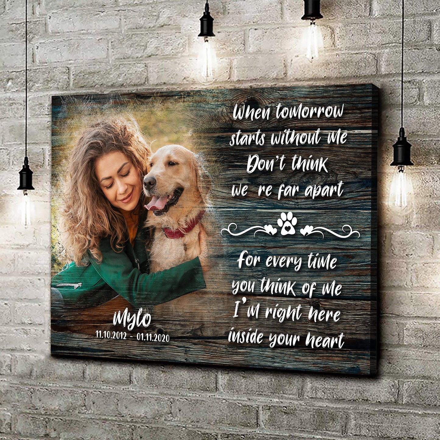 Personalized dog memorial canvas sign with name and date, rustic style, ready to hang