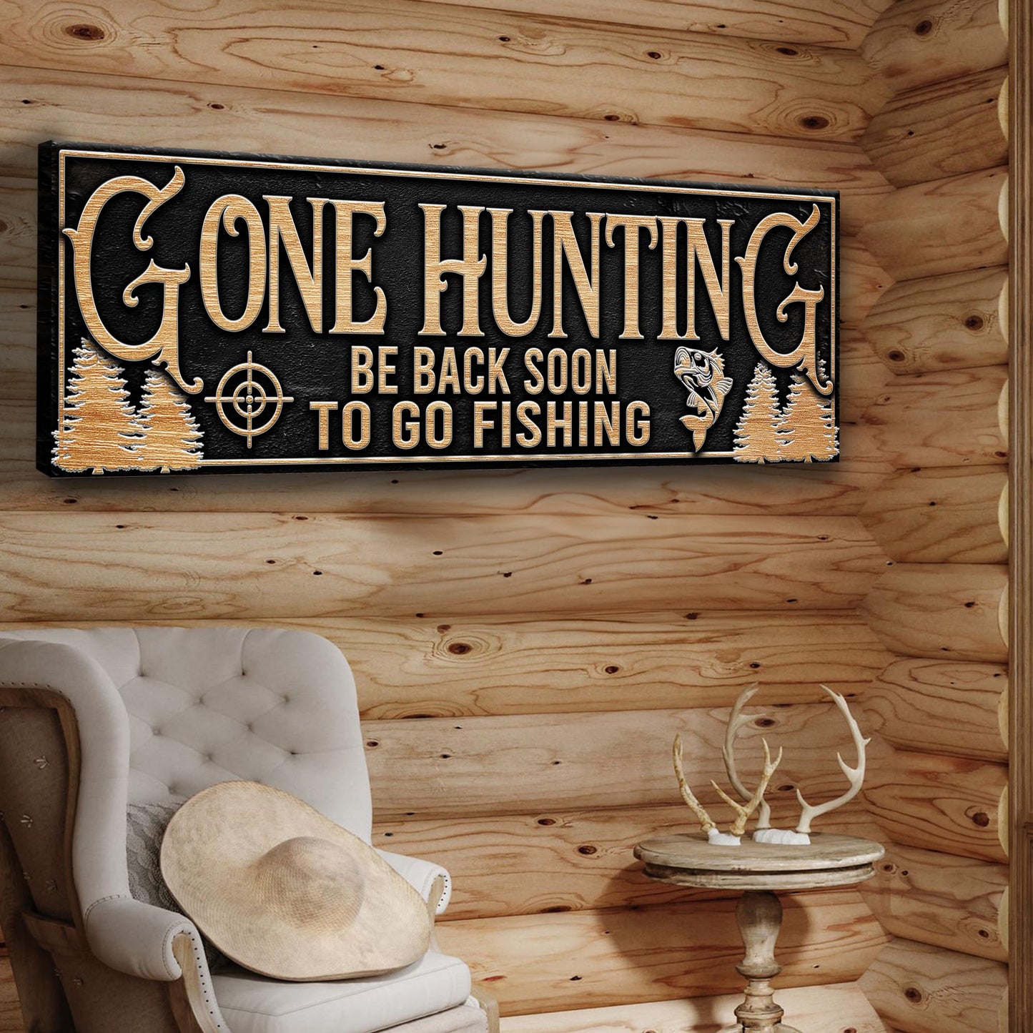 Gone hunting outdoor canvas wall art sign with bold text and rustic design on gallery-wrapped canvas