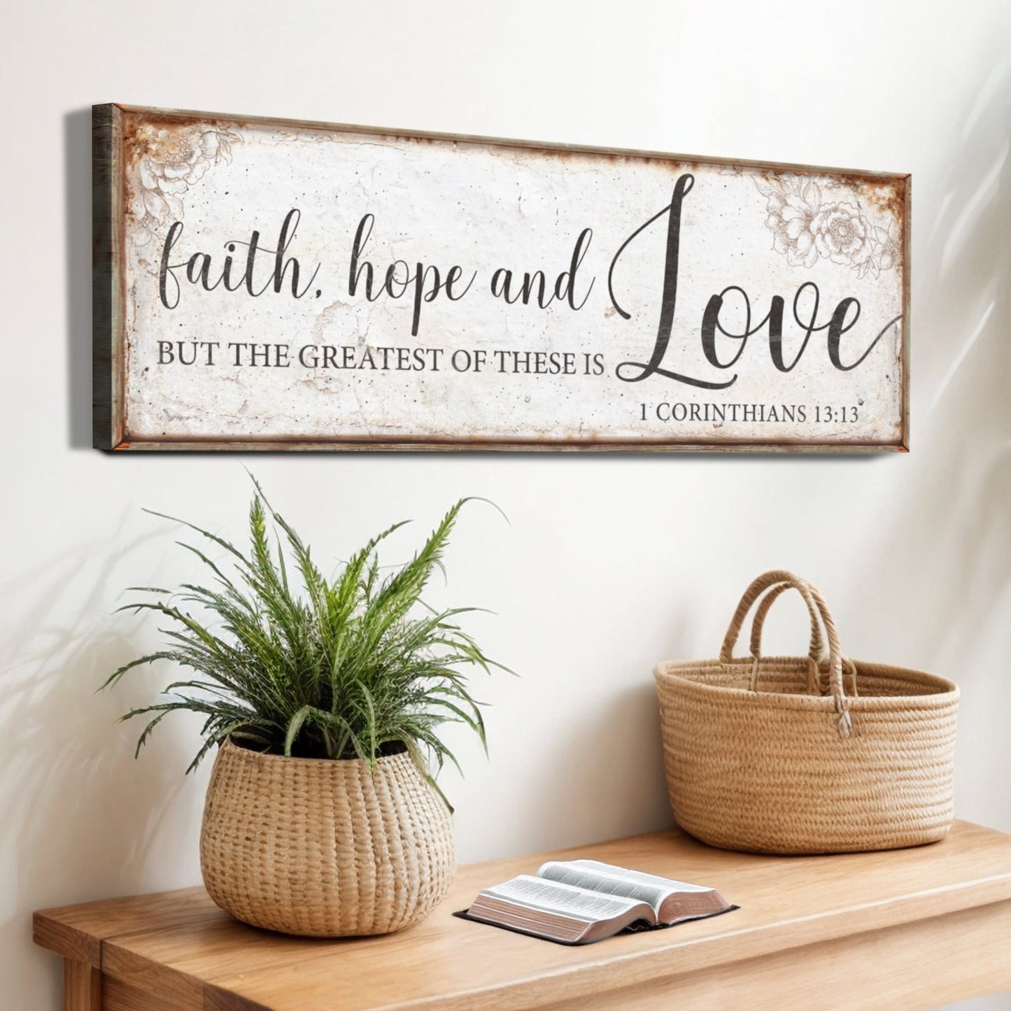 1 Corinthians 13:13 faith hope love canvas wall art, vertical scripture sign