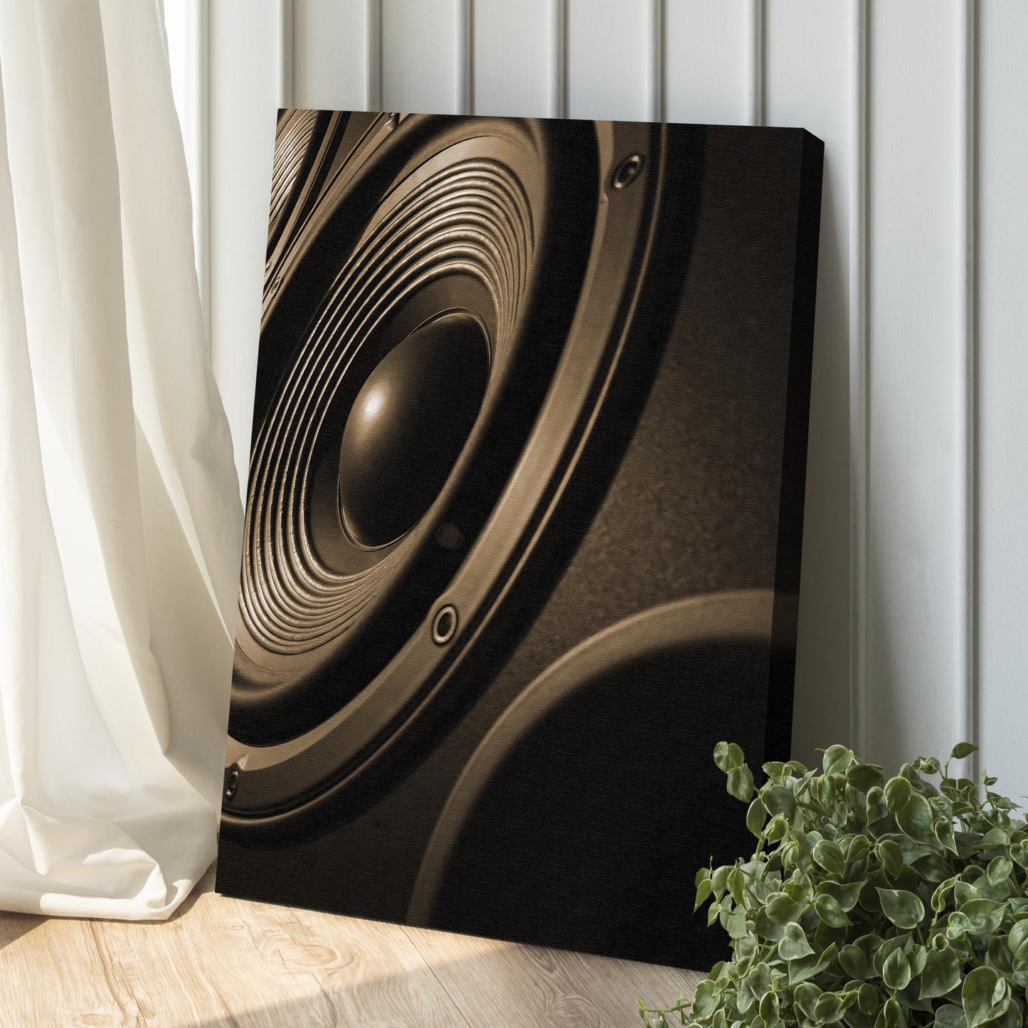 Music equipment speakers sepia canvas wall art with vintage nostalgic tones for music room decor