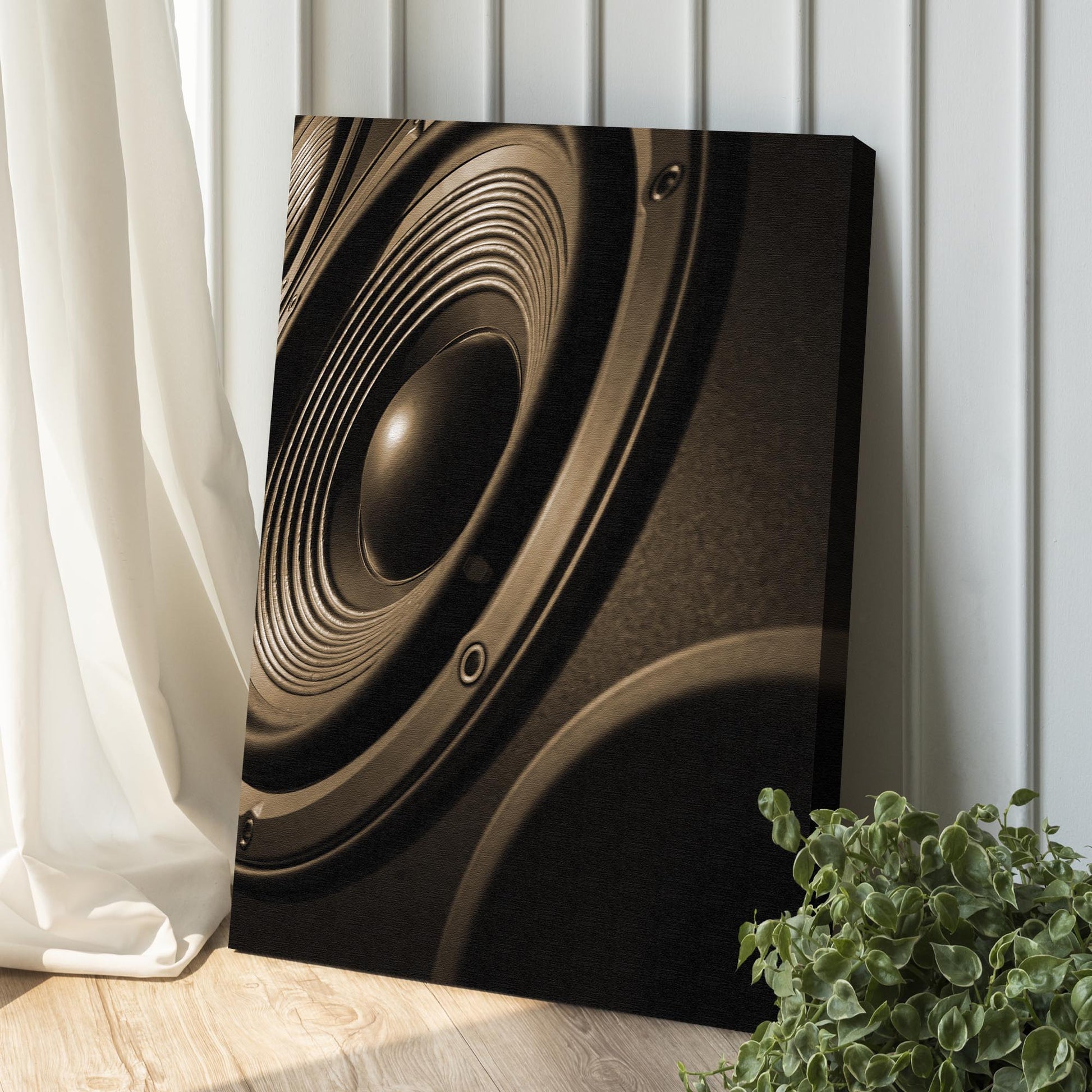 Music equipment speakers sepia canvas wall art with vintage nostalgic tones for music room decor