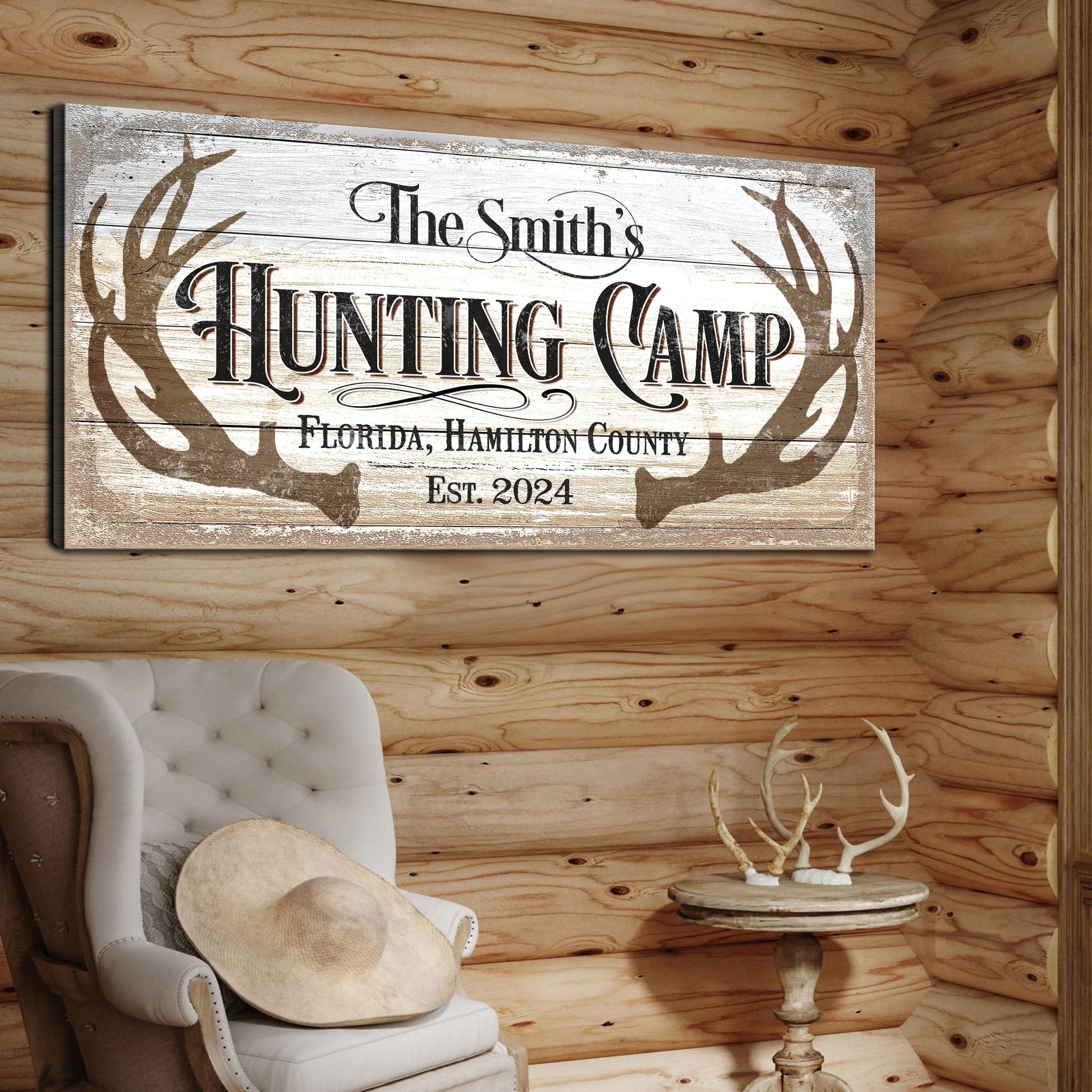 Hunting camp rustic canvas wall art sign with bold lettering, gallery-wrapped and ready to hang