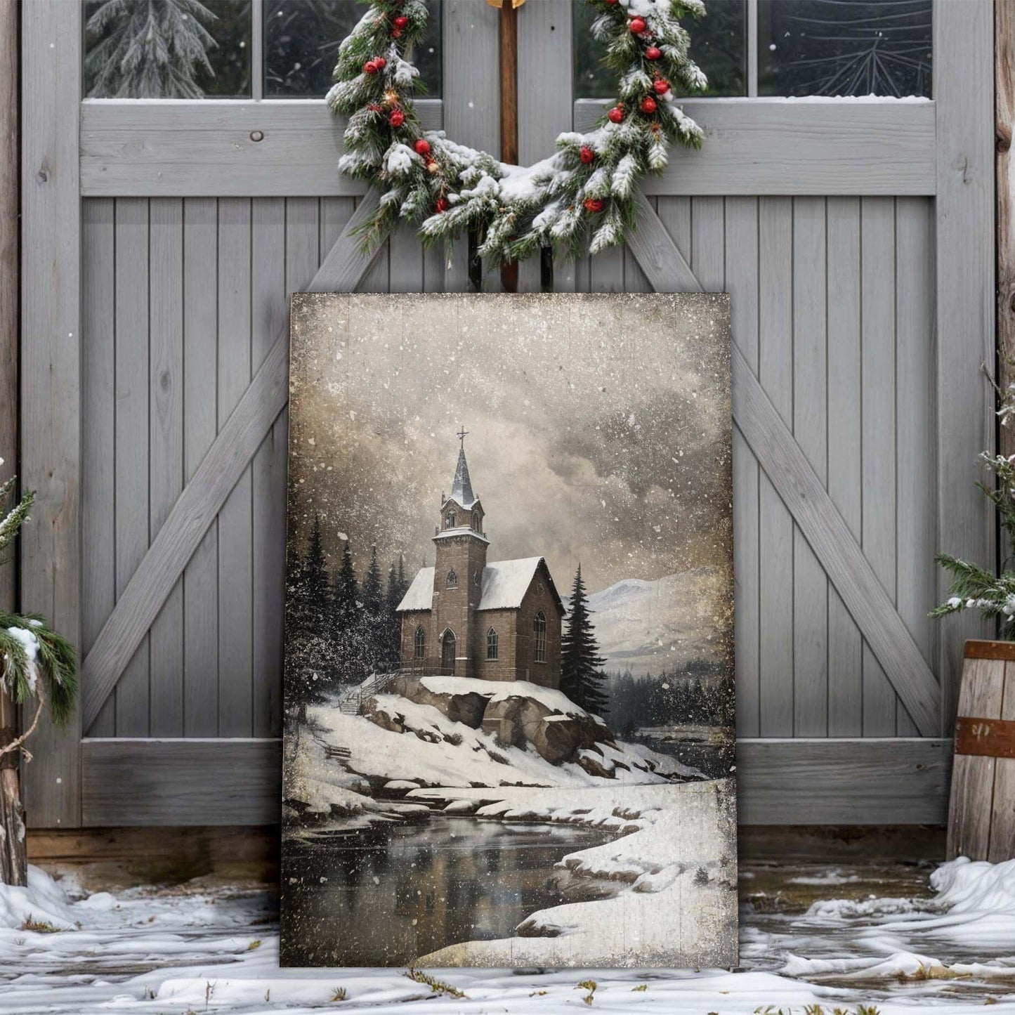 Vintage Church Christmas Canvas Wall Art