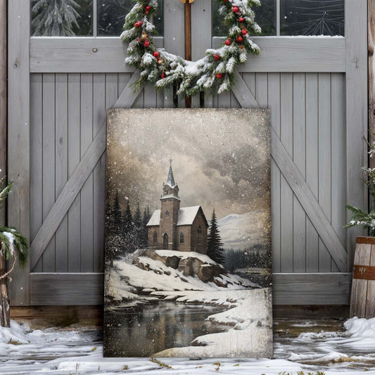 Vintage Church Christmas Canvas Wall Art
