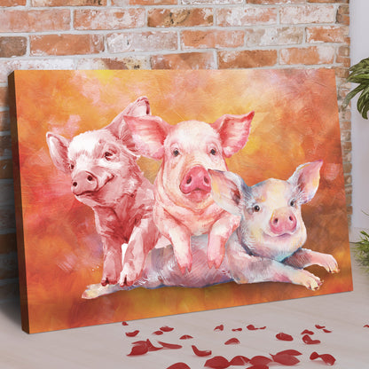 Three Piglets Watercolor canvas shown at an angle to reveal the wrapped edge, view 2
