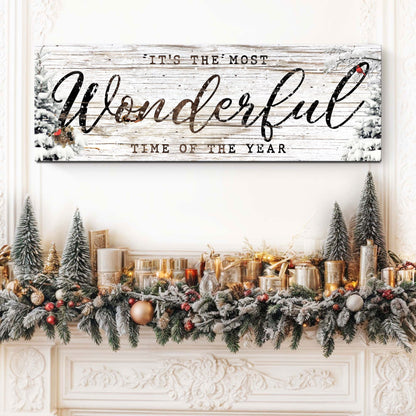 Long canvas sign with Wonderful in black script on whitewashed planks with snowy pines, above a mantel with frosted garland