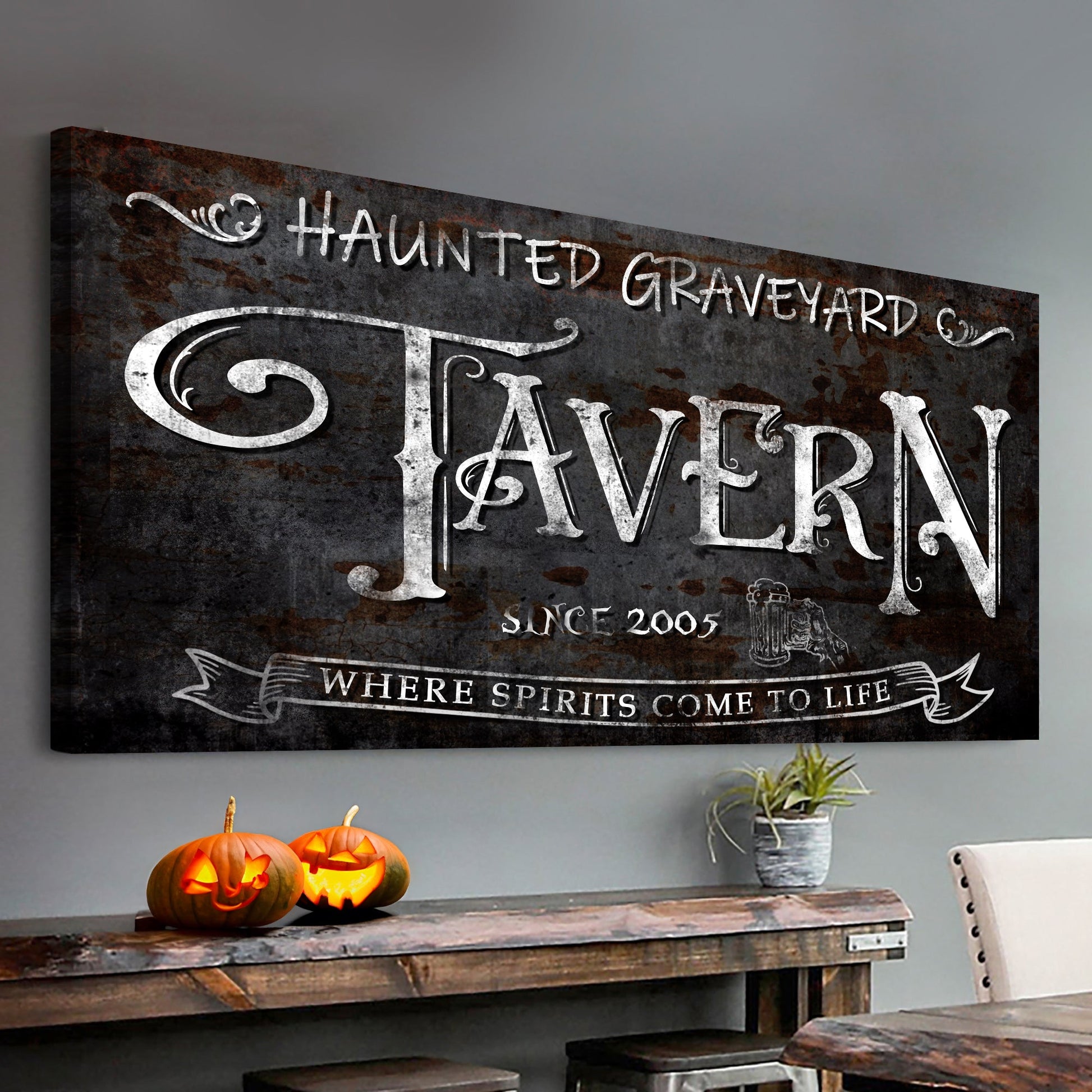 Haunted graveyard tavern Halloween canvas wall art III with vintage eerie atmosphere