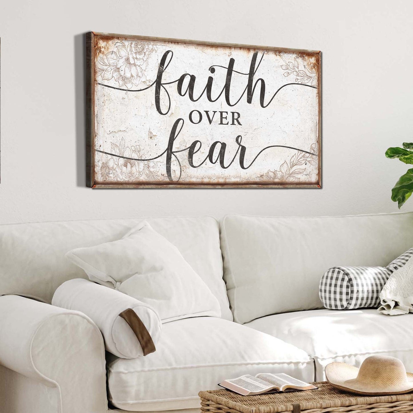 Faith Over Fear canvas wall art sign, bold Christian typography on gallery-wrapped canvas