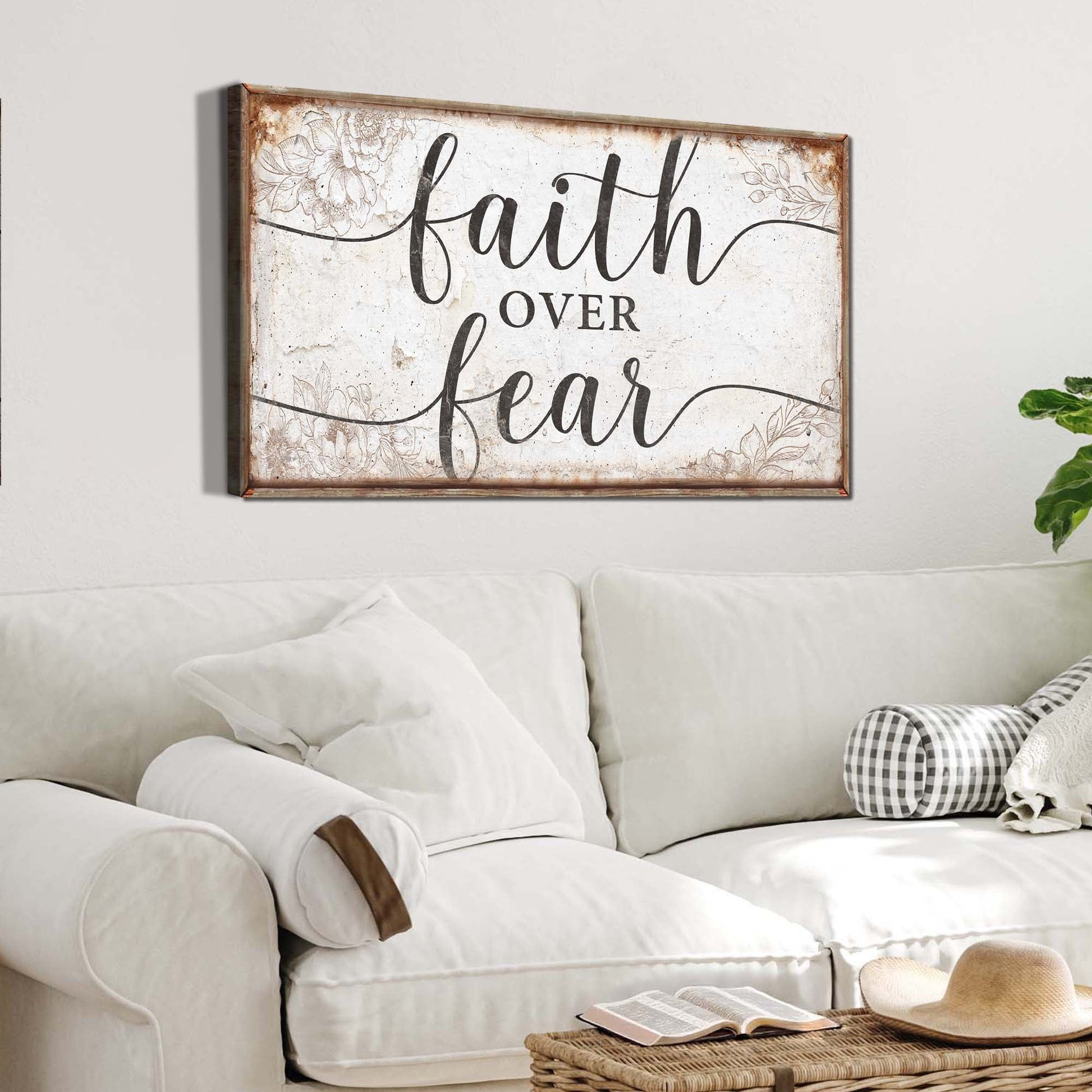 Faith Over Fear canvas wall art sign, bold Christian typography on gallery-wrapped canvas