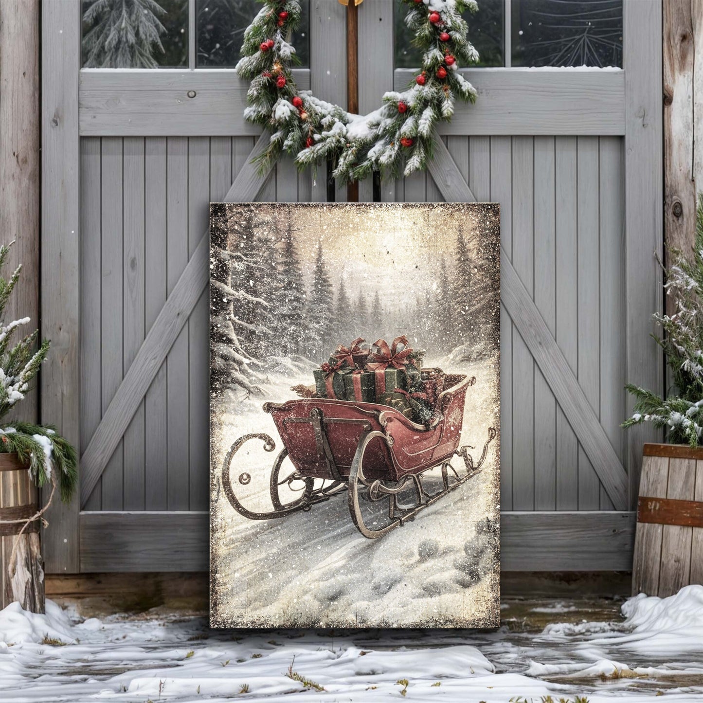 Vintage Christmas Sleigh Sled canvas wall art IV, bold illustrated winter sleigh holiday scene