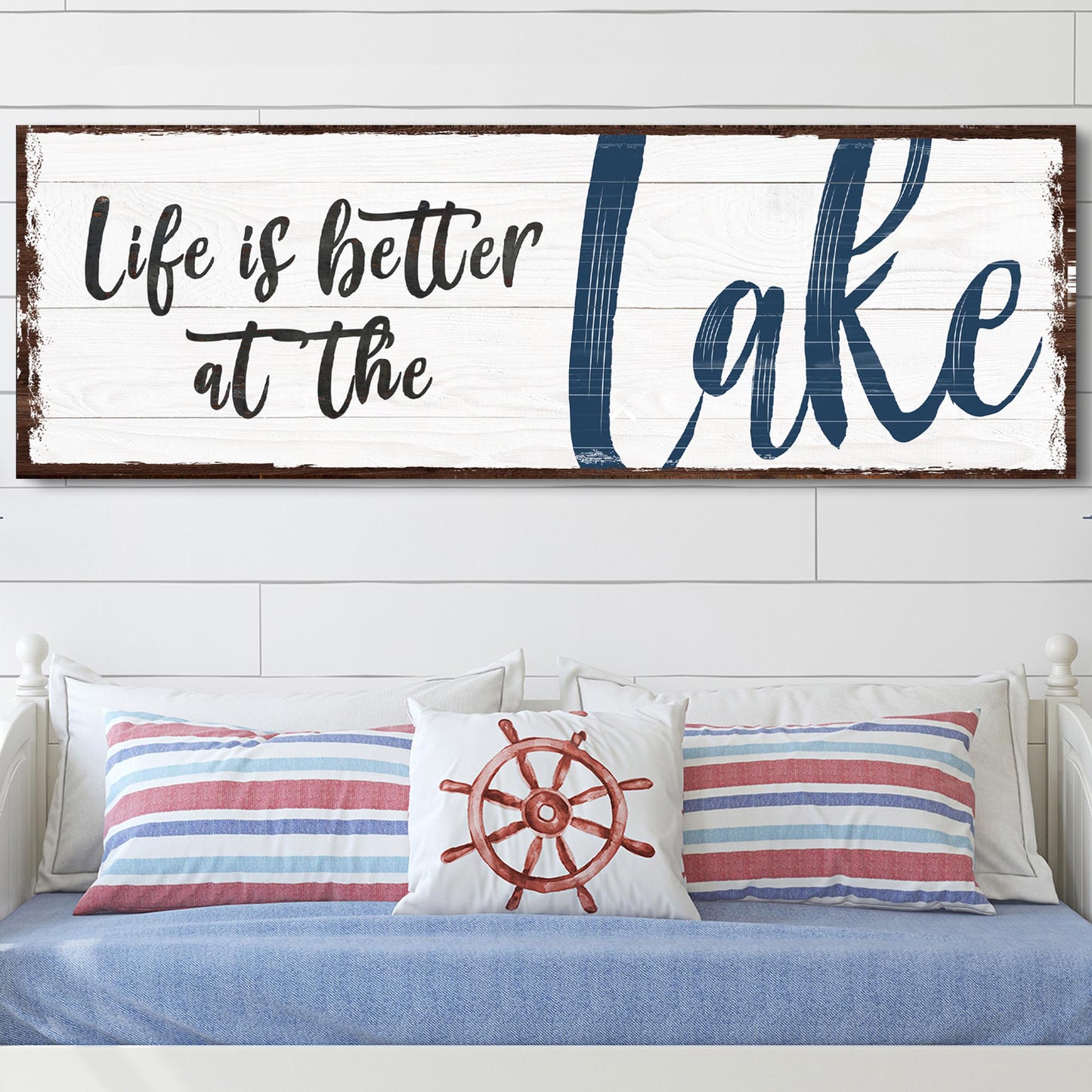 Life Is Better at the Lake canvas wall art with vertical lake life typography for lake house decor