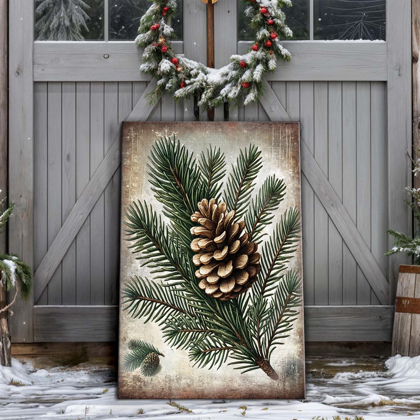 Vintage winter pine cone canvas wall art, botanical pine cone design in warm vintage tones