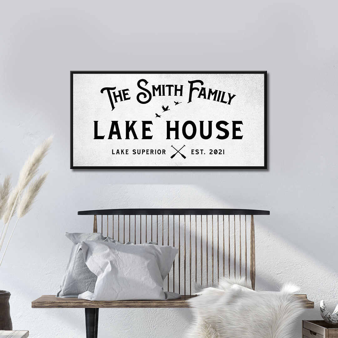 Rustic family lake house canvas sign with weathered wood-tone lettering and custom family name