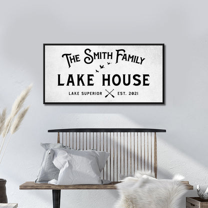 Rustic family lake house canvas sign with weathered wood-tone lettering and custom family name