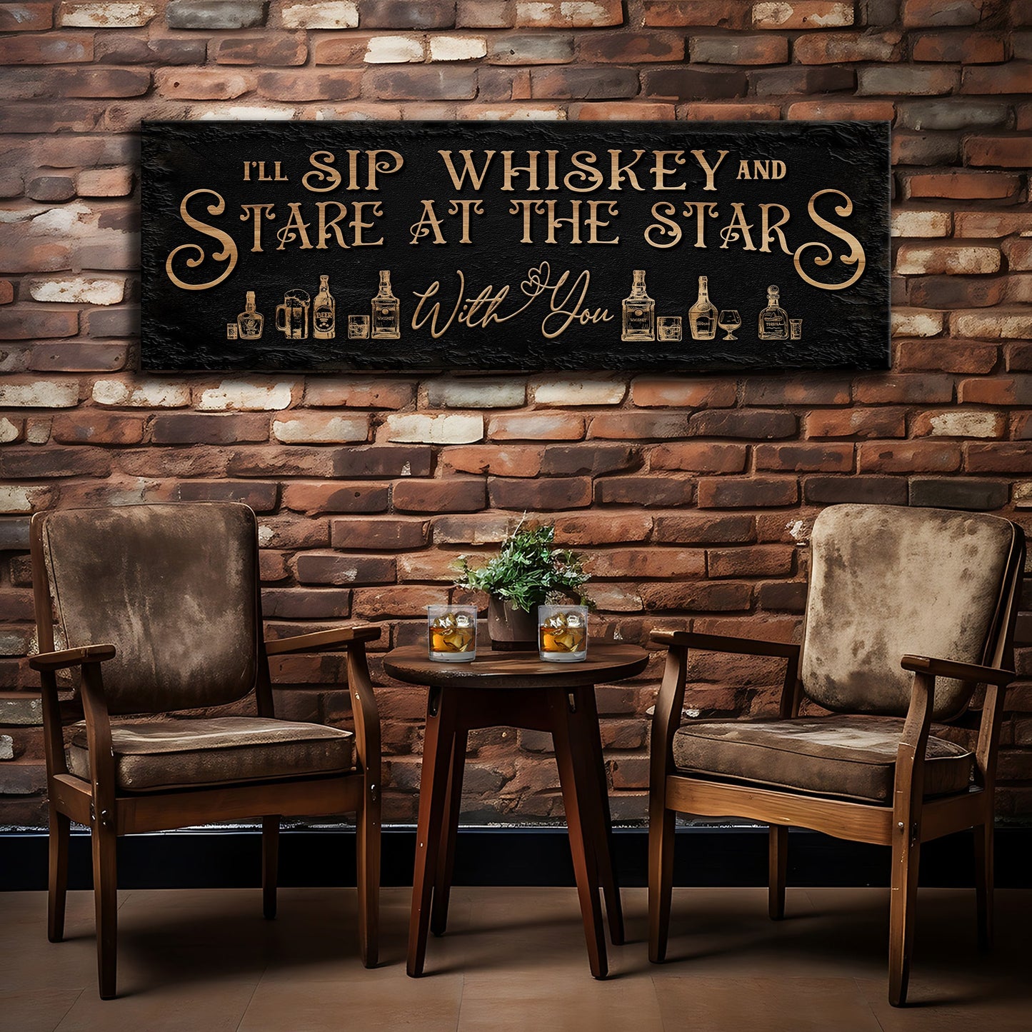 Sip Whiskey Stare At The Stars rustic canvas sign with country lifestyle lettering