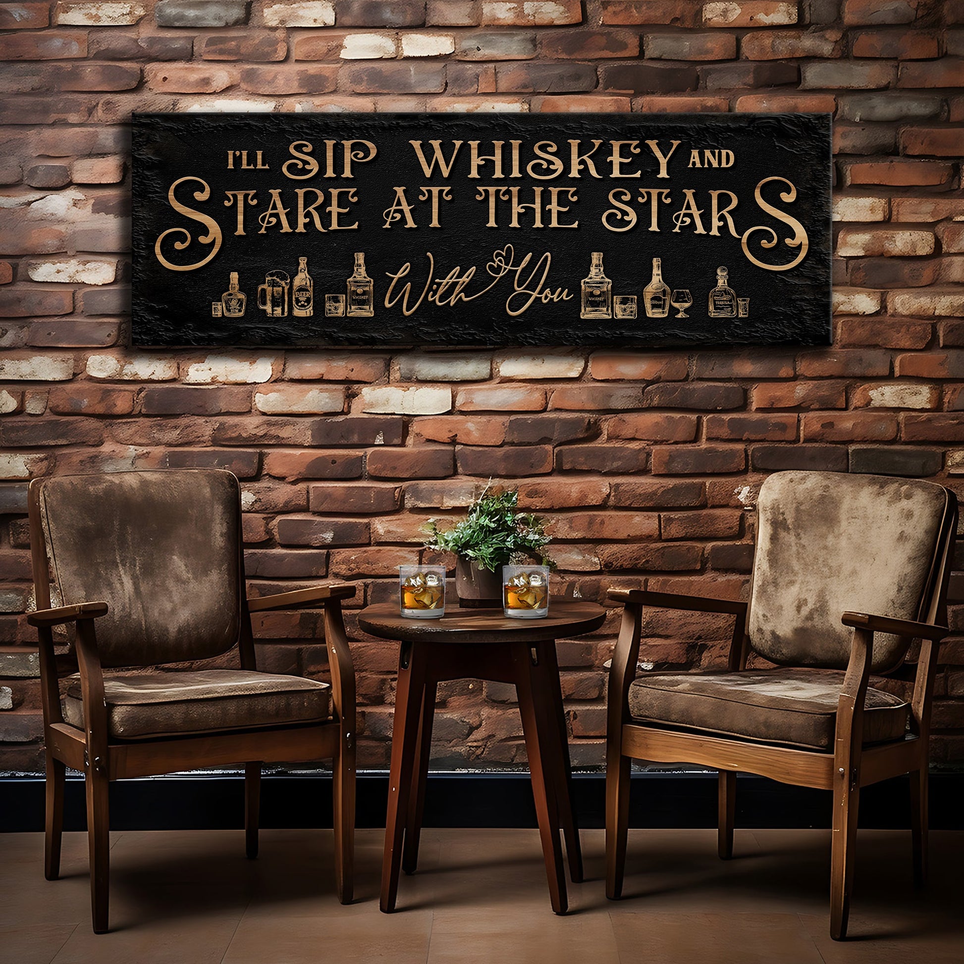 Sip Whiskey Stare At The Stars rustic canvas sign with country lifestyle lettering