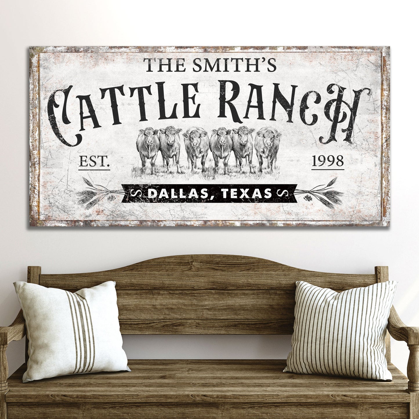 Branded cattle ranch canvas sign farmhouse wall art with vintage Western aesthetic