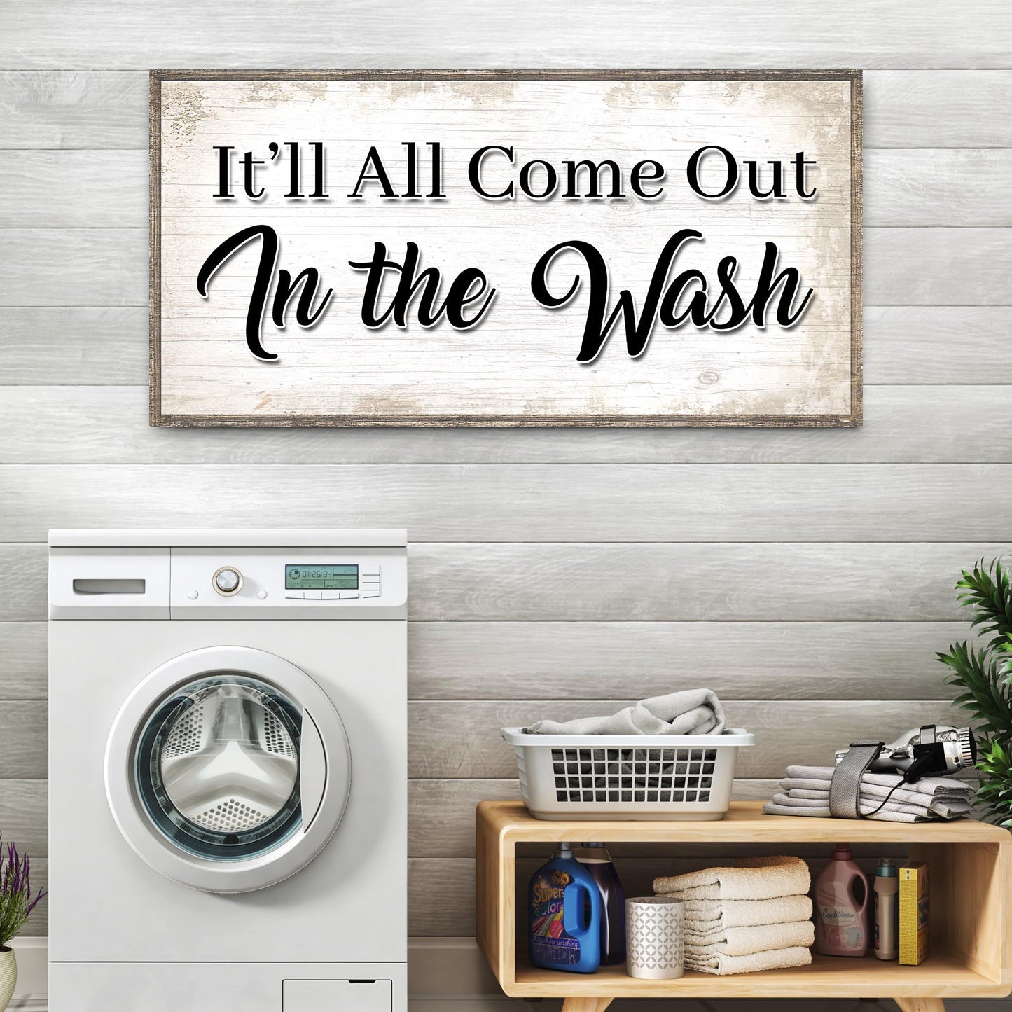Laundry room canvas wall art sign with It'll All Come Out in the Wash phrase