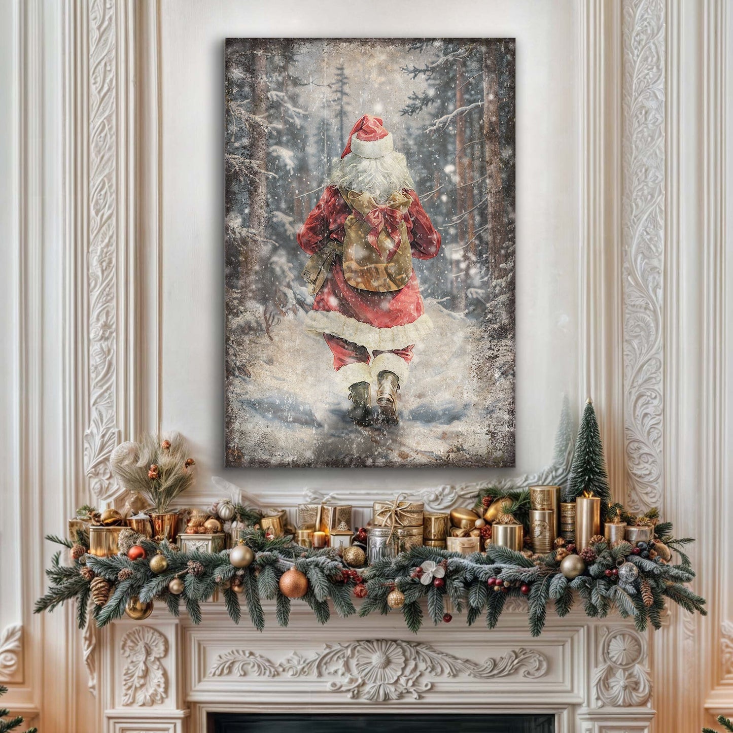 Vintage Santa in winter forest Christmas canvas wall art