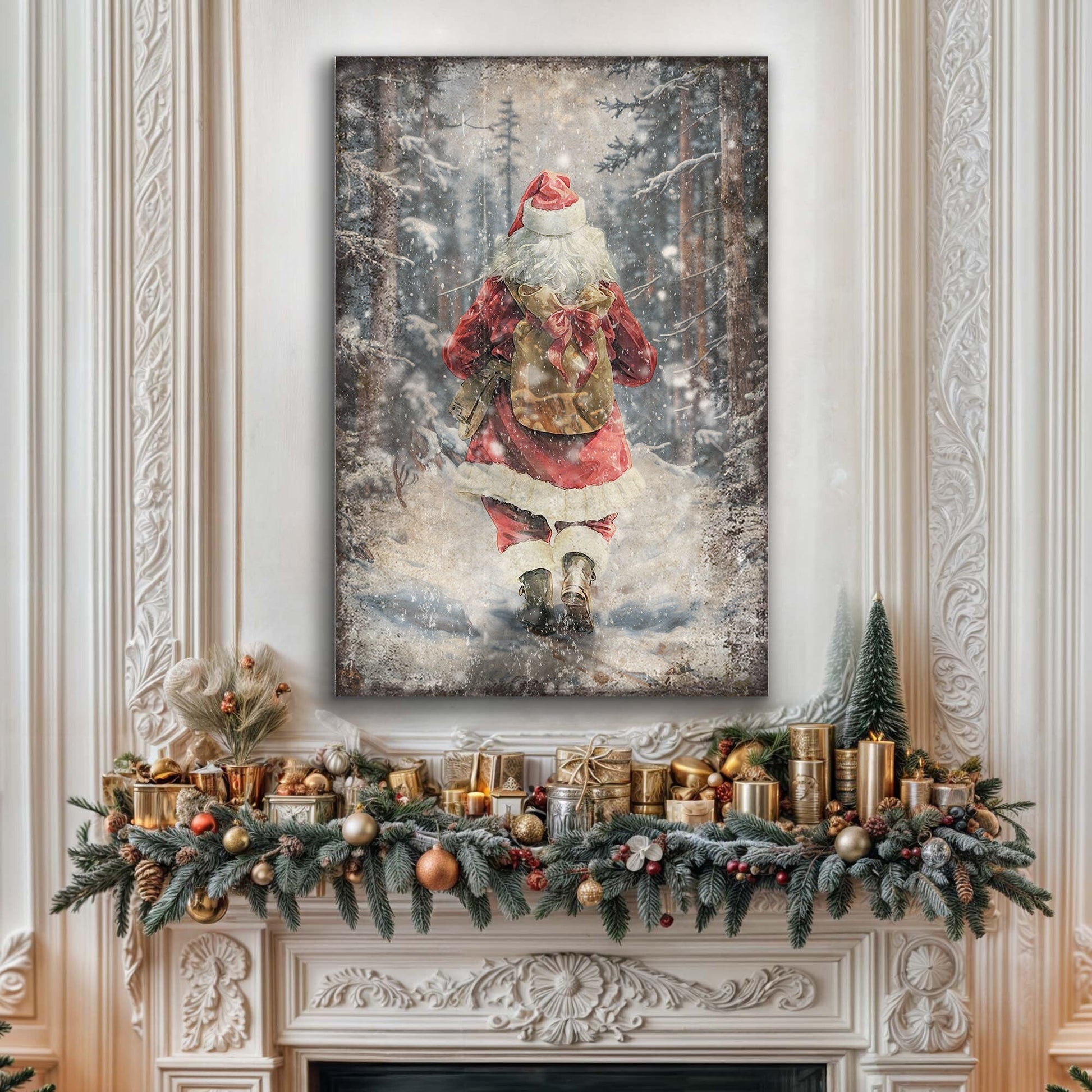 Vintage Santa in winter forest Christmas canvas wall art