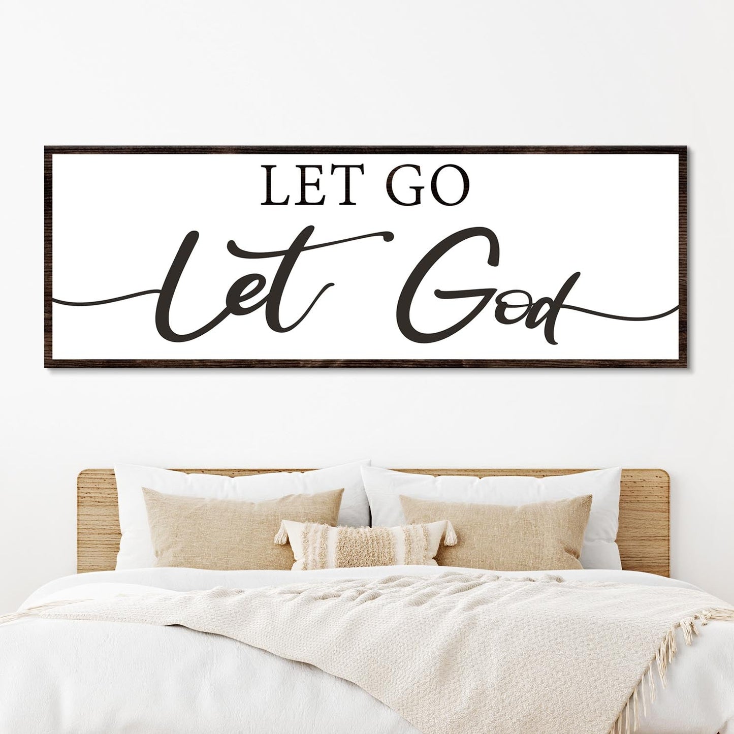 Let Go Let God faith canvas sign III with vertical typography for Christian bedroom decor