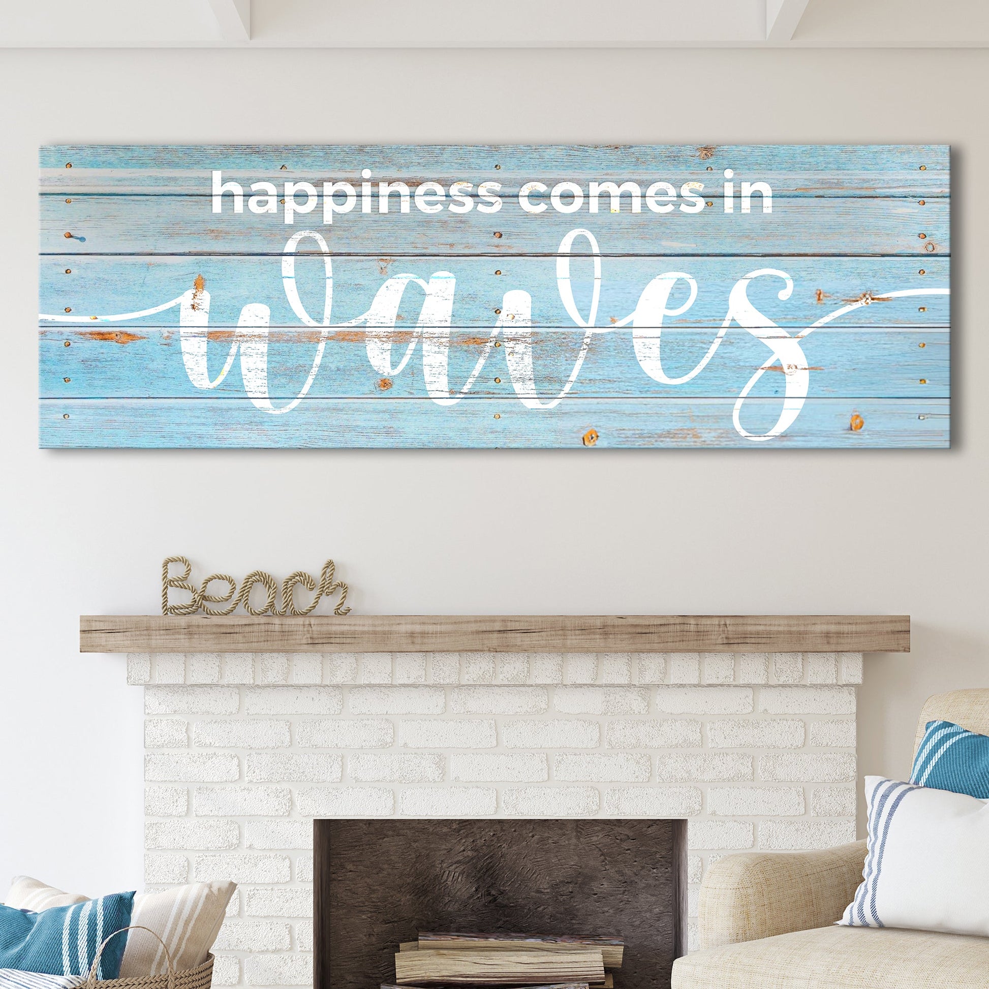 Happiness Comes in Waves coastal canvas wall art with calm ocean tones, ready to hang