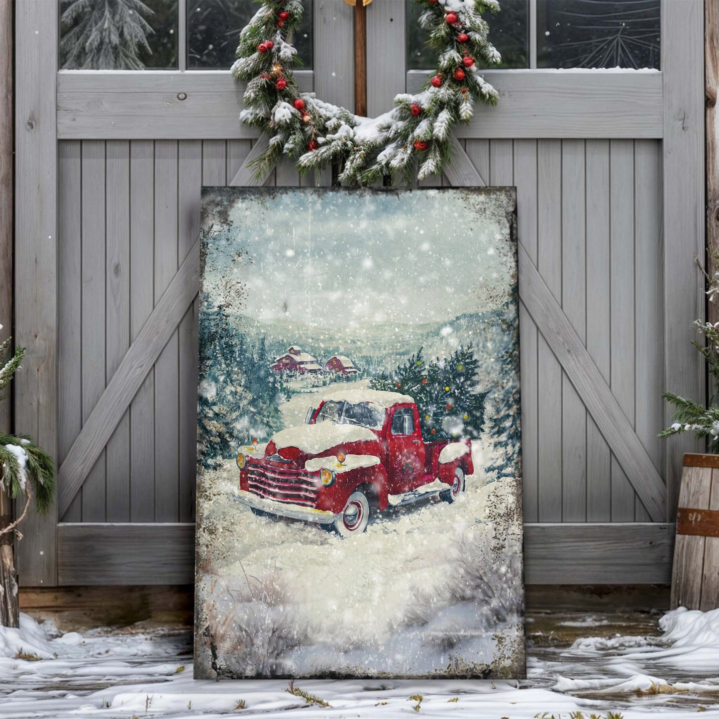 Vintage Truck With Christmas Tree Canvas Wall Art II
