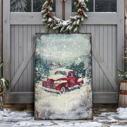 Canvas of a red vintage truck with a Christmas tree in a snowy valley, leaning on gray barn doors