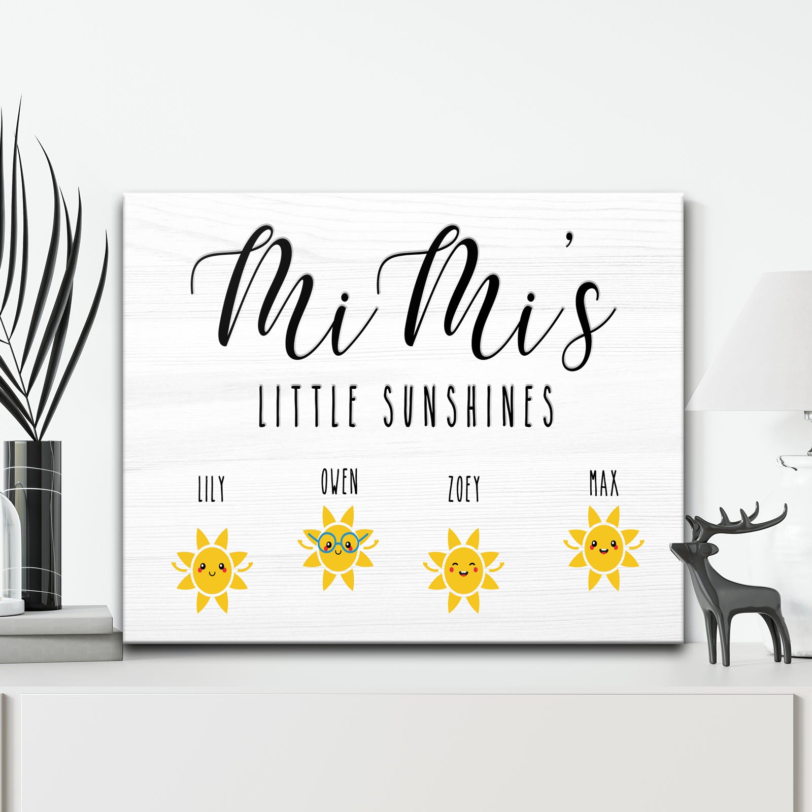 Mimi's Little Sunshines personalized canvas sign with grandkids' names in rustic lettering