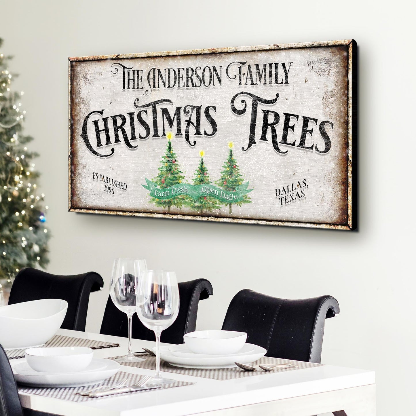Family Christmas tree farm canvas wall art sign III with festive holiday typography