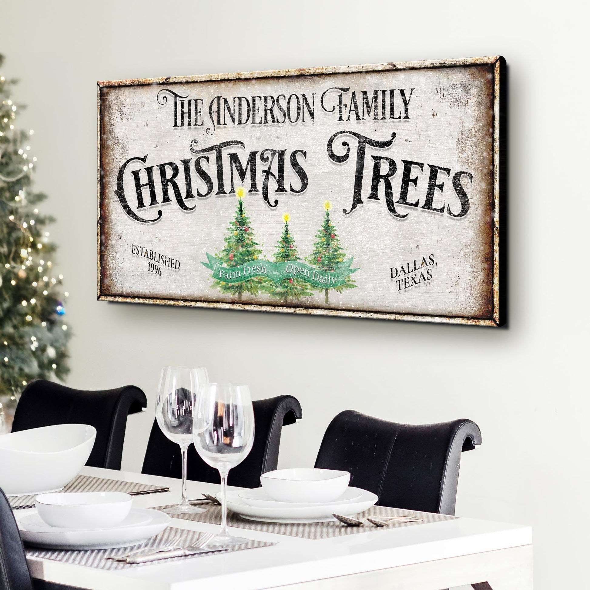 Family Christmas tree farm canvas wall art sign III with festive holiday typography