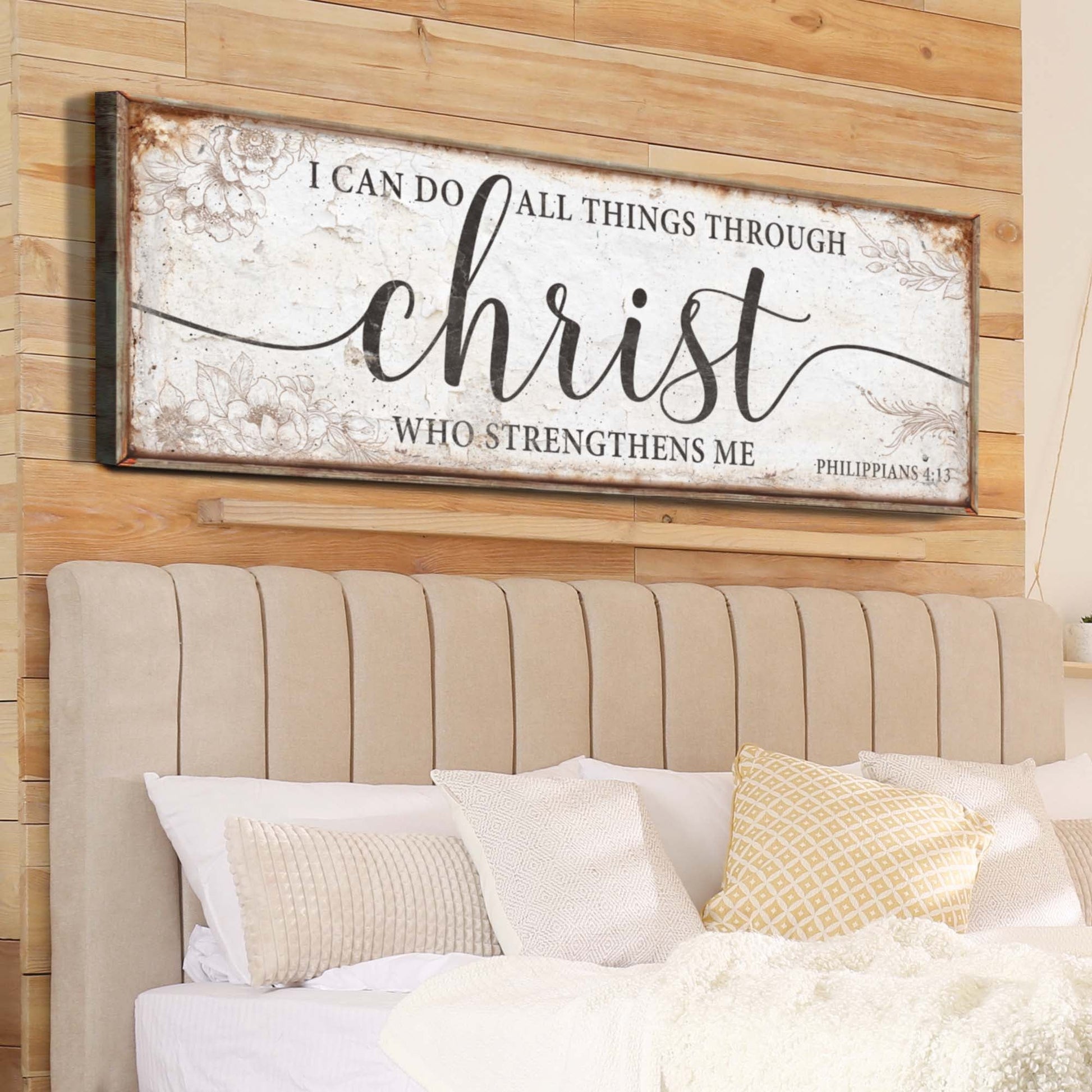 Tall Philippians 4:13 faith canvas wall art with devotional lettering, ready to hang
