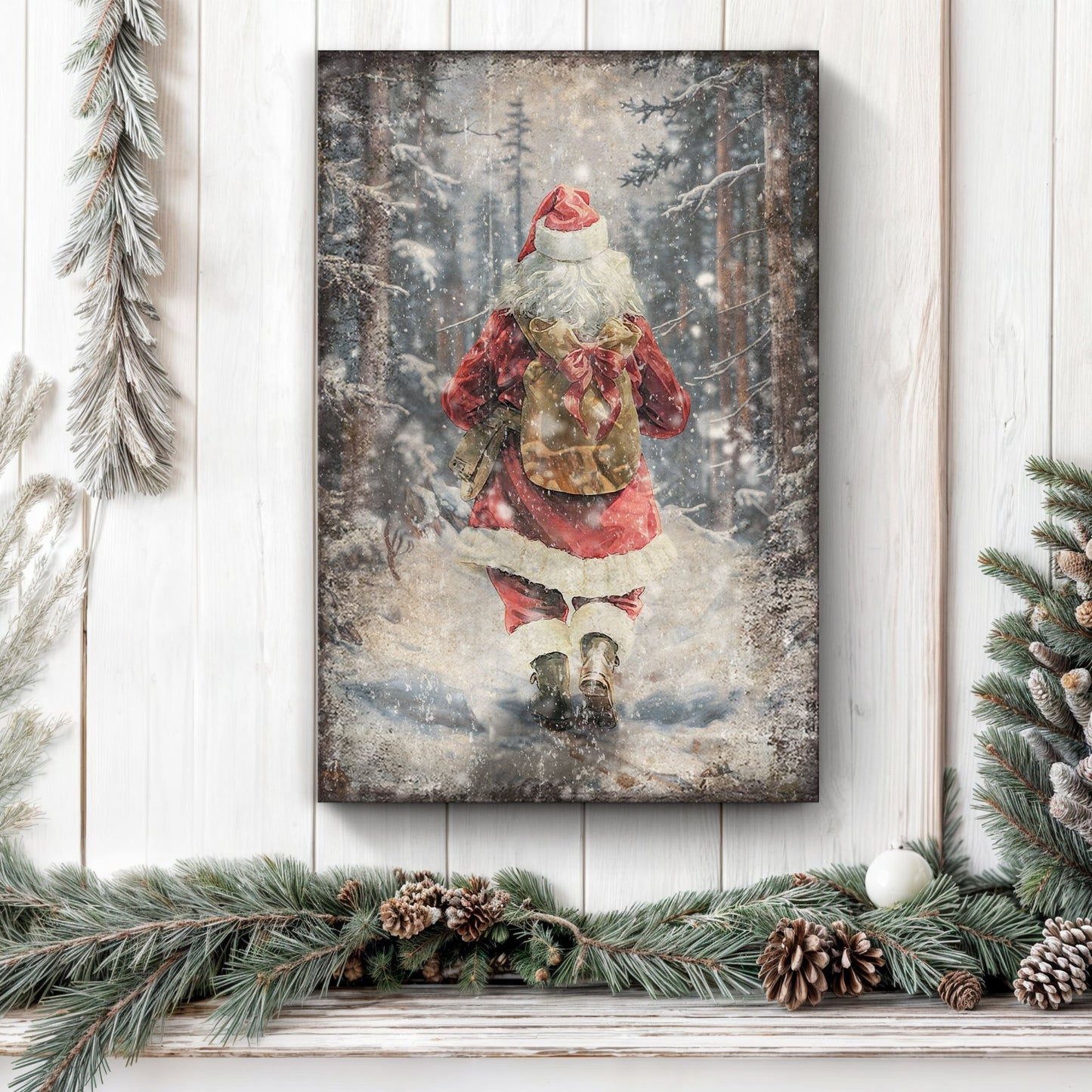 Vintage Santa in Winter Forest Christmas Canvas Wall Art