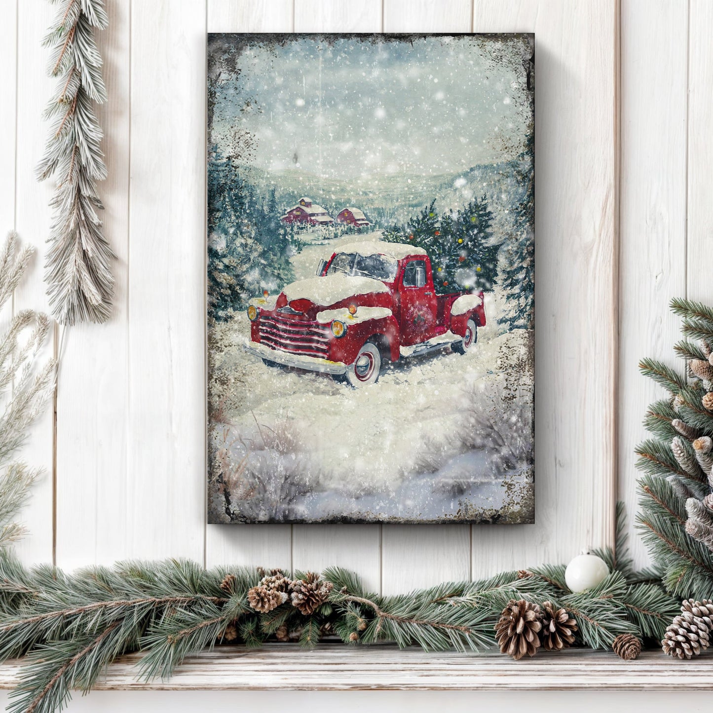 Vintage Truck With Christmas Tree Canvas Wall Art II