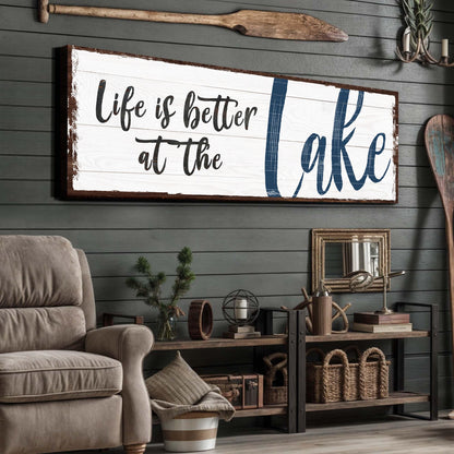 Life Is Better at the Lake canvas shown in a styled room setting, view 2