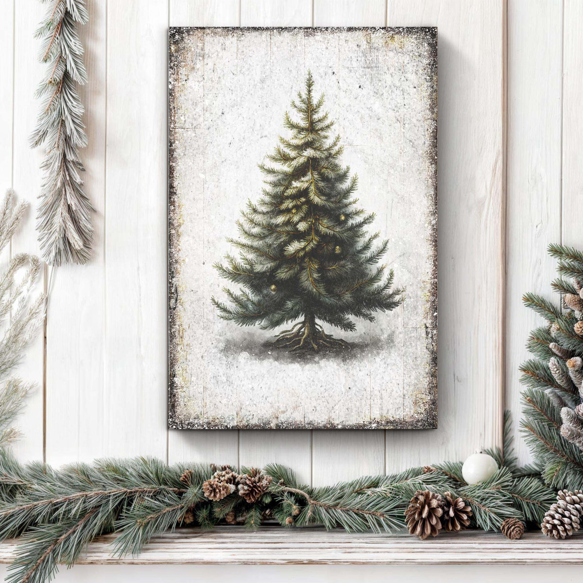 Evergreen Pine Tree on White Christmas canvas shown in a styled room setting, view 3