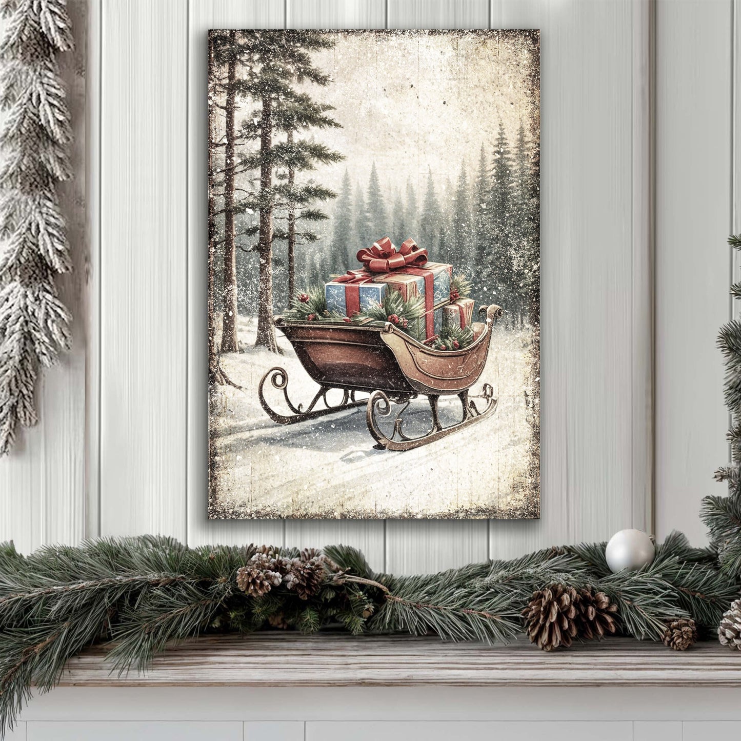 Vintage Christmas Sleigh Sled Canvas Wall Art