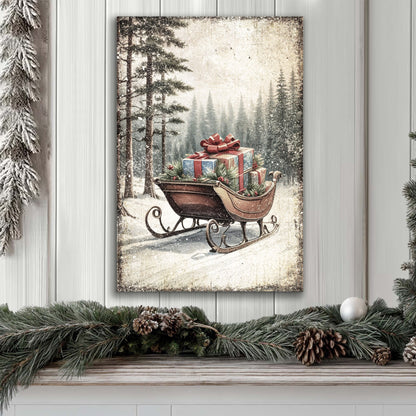 Brown Sleigh Under Tall Pines canvas shown in a styled room setting, view 3