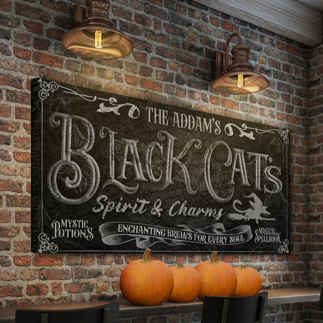 Black cat spirits and charms Halloween bar canvas wall art with spooky seasonal design