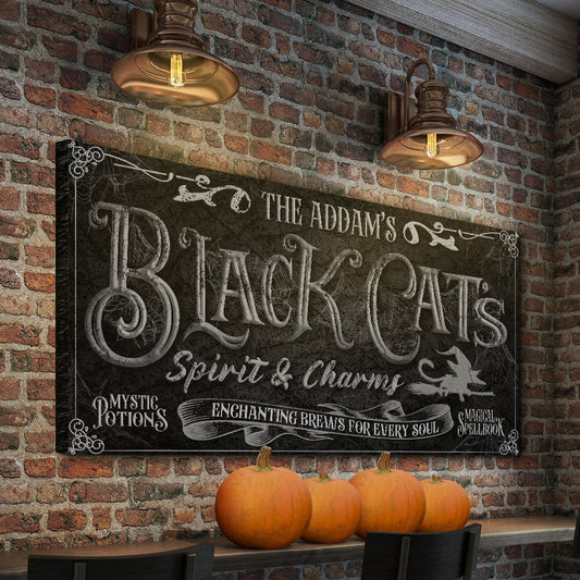 Black cat spirits and charms Halloween bar canvas wall art with spooky seasonal design