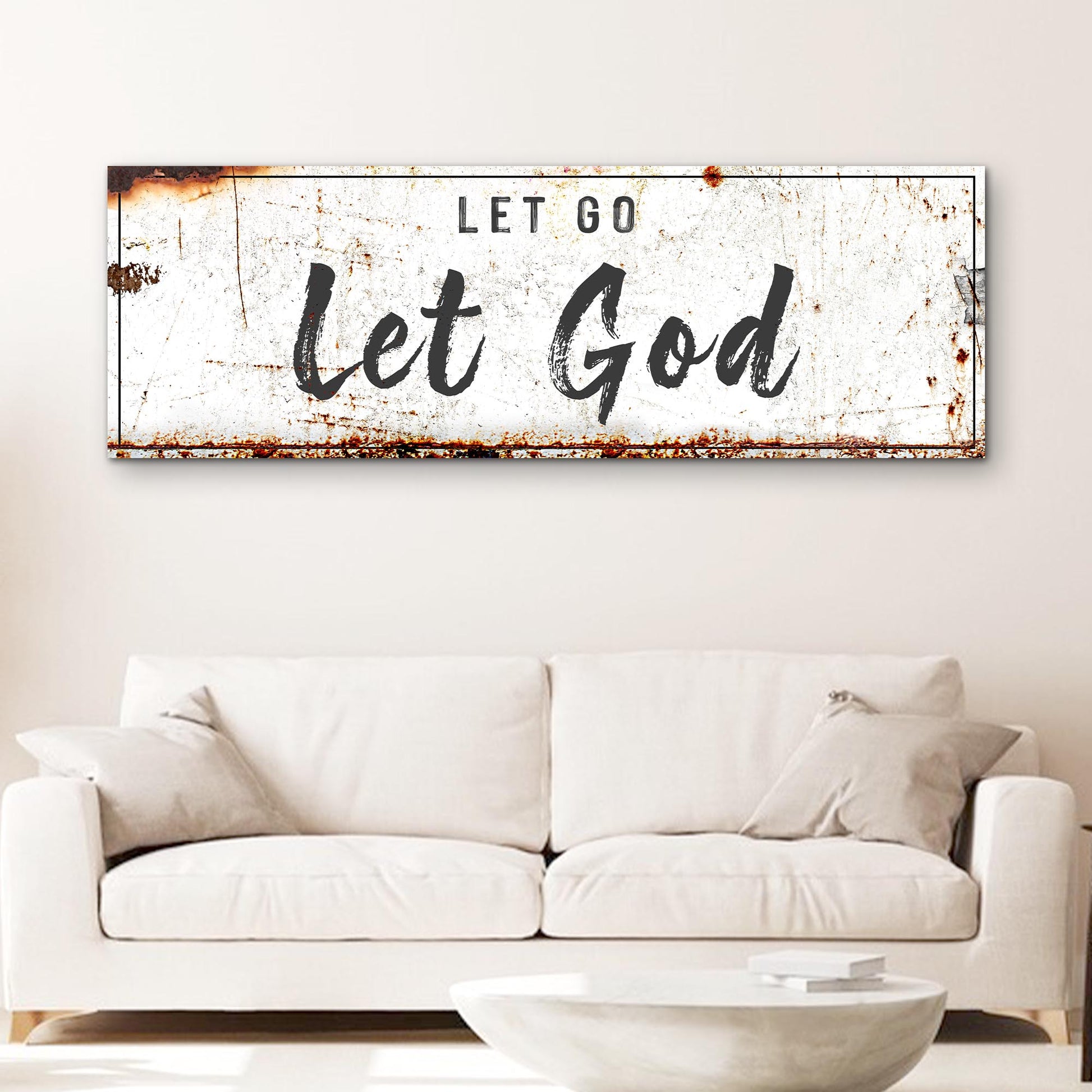 Let Go Let God canvas wall art faith sign with vertical typography for Christian home decor