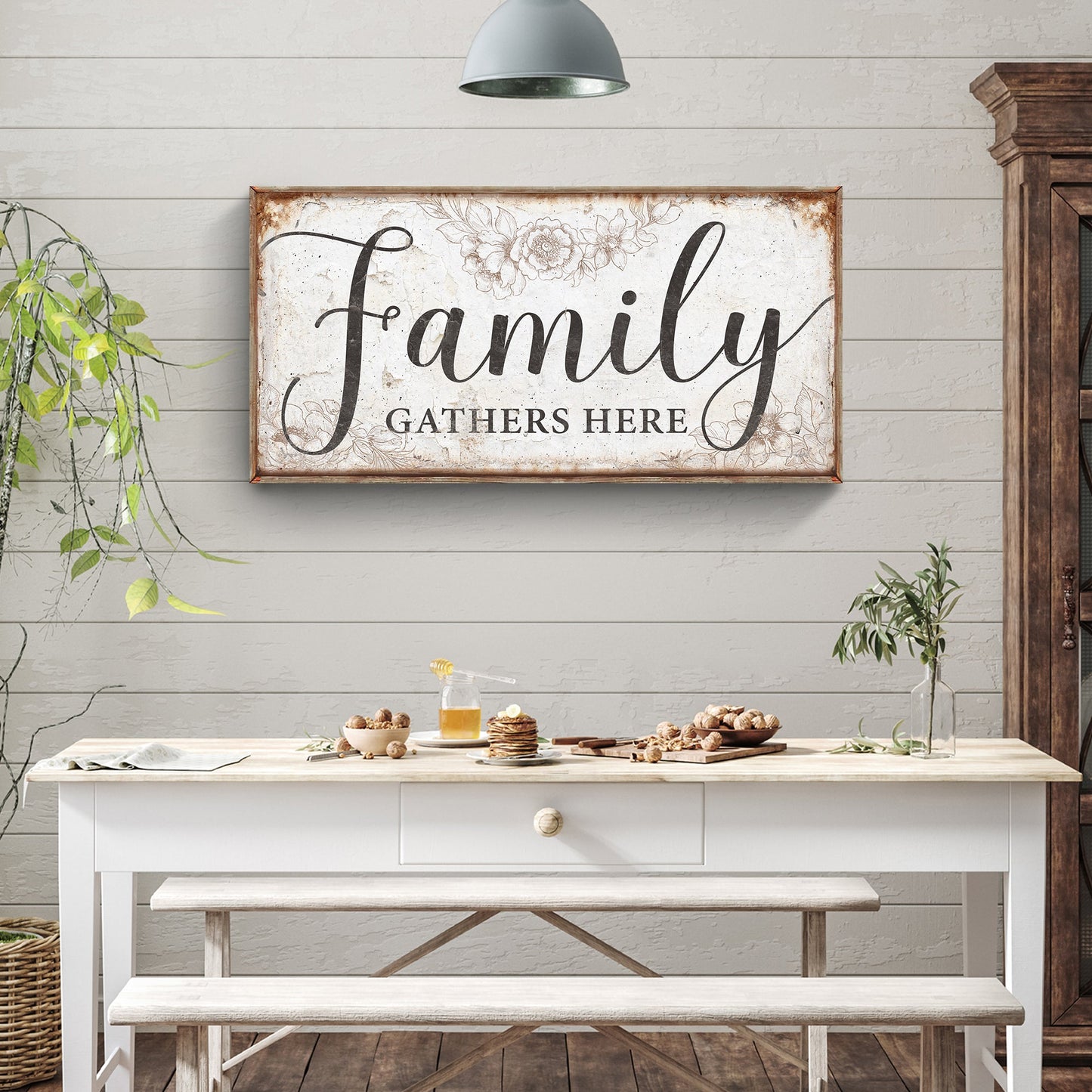 Family gathers here canvas wall art sign with warm inviting typography for living room