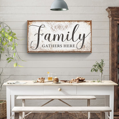 Family gathers here canvas wall art sign with warm inviting typography for living room