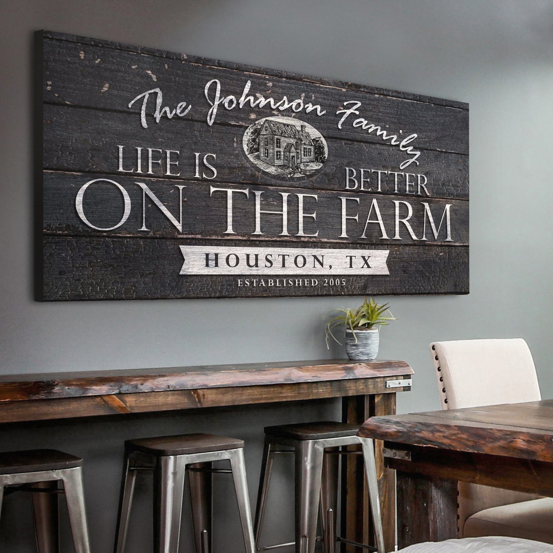 Life Is Better on the Farm wide-format canvas sign with distressed rustic typography