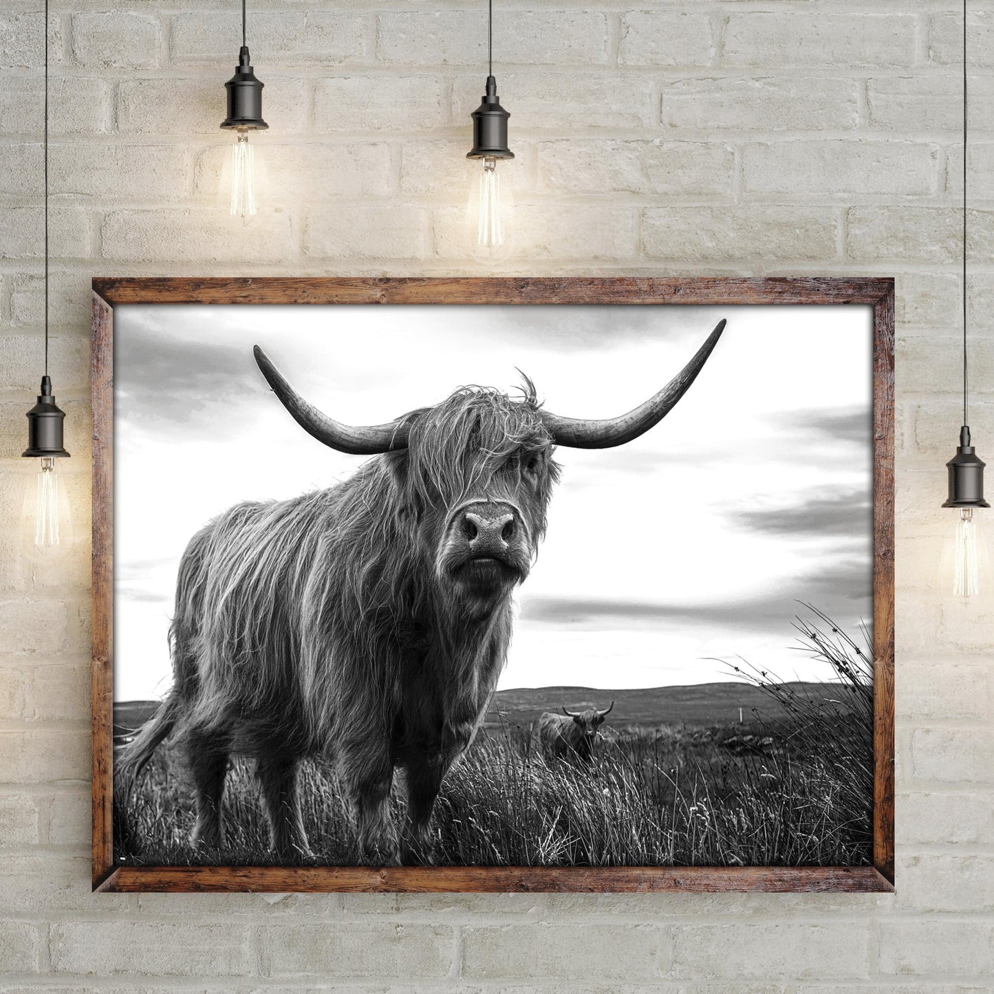 Highland cow black and white portrait canvas wall art with high-contrast monochrome farm animal photography on gallery-wrapped canvas