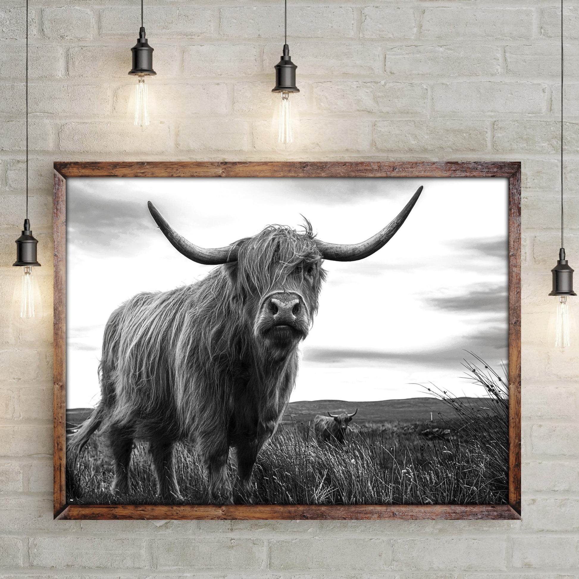 Highland cow black and white portrait canvas wall art with high-contrast monochrome farm animal photography on gallery-wrapped canvas
