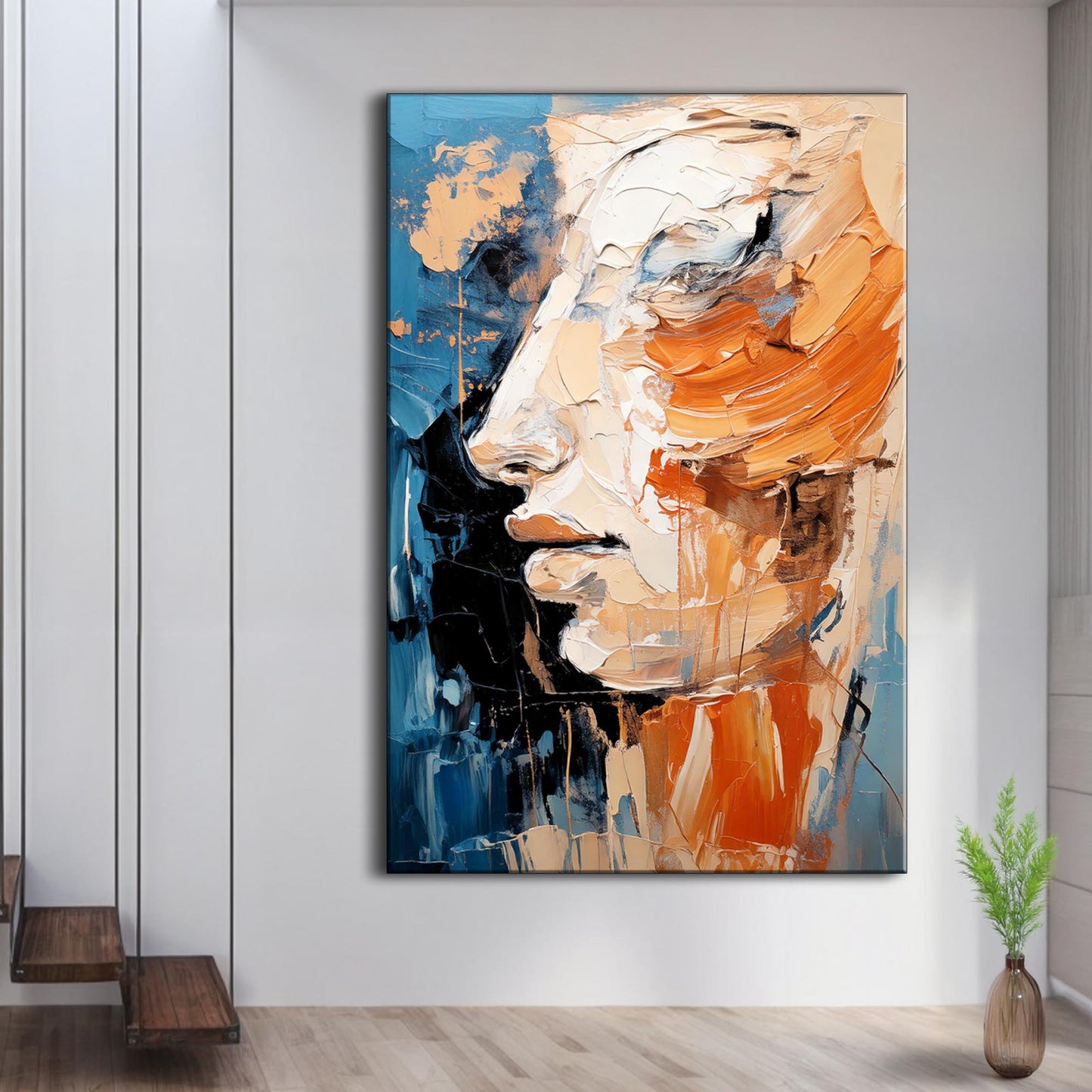 Brush stroke abstract canvas wall art with bold textured layers forming expressive fragmented profile