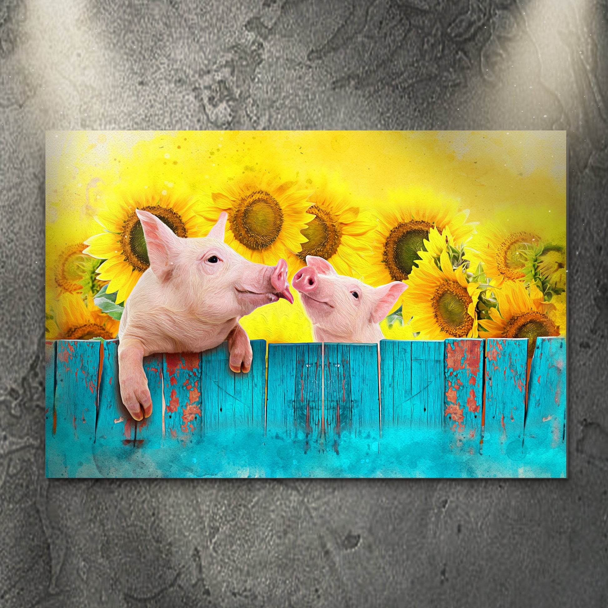 Sunflower pigs farm animal canvas wall art with bright sunflower blooms